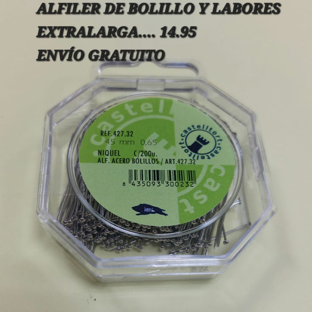 Alfiler de Bolillo y labores. Extralarga 45 mm (Castelltort)