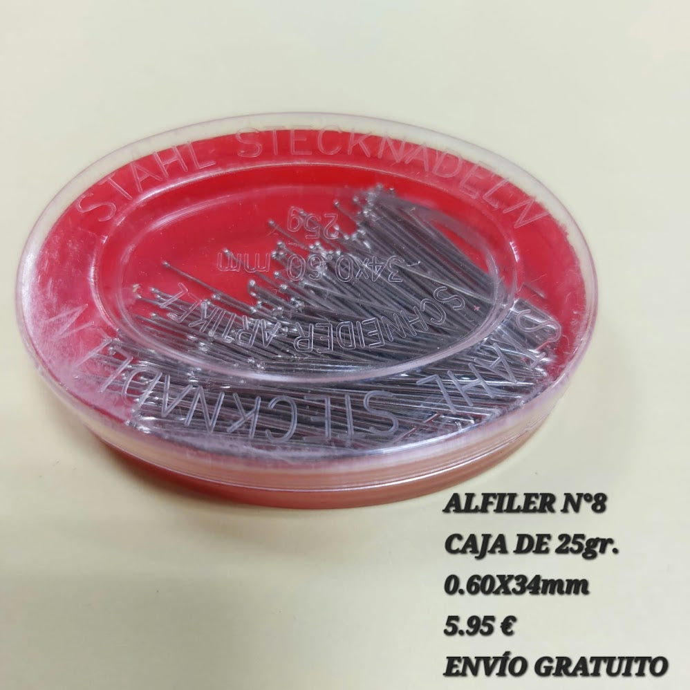 Alfiler nº8. 0,60mm x 34mm. Caja de 25gr.
